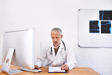 Poster - Computer, radiology and healthcare with man in hospital for scan, medical or ai tumor detection. Medicine, insurance and research with mature doctor and clipboard for mri or disease screening