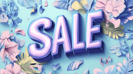 Wall Mural - SALE text in bold lettering surrounded by pastel-colored flowers on a light blue background. Ideal for spring promotions and seasonal sales