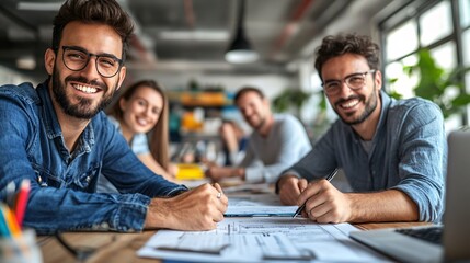 Poster - A new eco-car owner finalizing their insurance policy signing paperwork inside a bright open office as the insurance representative smiles and explains the benefits Large space for text in center