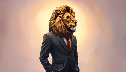 Wall Mural - Businessman with a Lion Head Against a Soft Pastel Backdrop