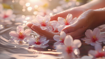 Wall Mural - tranquil scene featuring delicate hands gently holding pink flowers in water, creating serene and pe