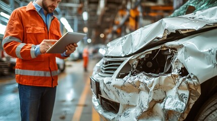 Aufkleber - An eco-car being serviced in a clean professional garage after an accident with the insurance agent walking into the scene holding a tablet Large space for text in center Stock Photo with copy space