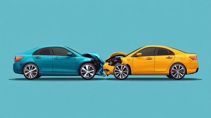 Flat vector artwork showing a side-by-side comparison of two cars before and after an accident with text boxes to explain insurance coverage options Large space for text in center Stock Photo with