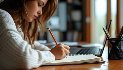 Focused young woman diligently taking notes in her notebook at home office desk, pencil in hand, surrounded by a study environment