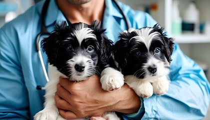 Veterinarian providing care to adorable black and white puppies in a veterinary clinic setting.