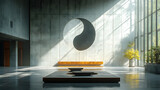 A serene interior featuring a minimalist design, natural light, and a unique yin-yang symbol, perfect for tranquility and balance.