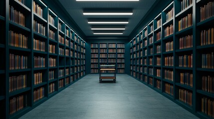 A modern library aisle featuring a wooden reading desk surrounded by tall bookshelves illuminated by overhead lighting, creating a quiet and focused atmosphere