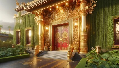 Ancient Buddhist temple interior, ornate architecture, gold decoration, Christmas tree, fireplace, window light, luxurious room, Italian design