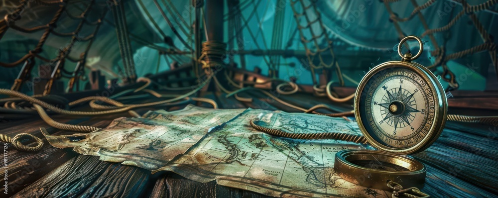 Compass and old map on a pirate ship's deck, with torn sails and ...