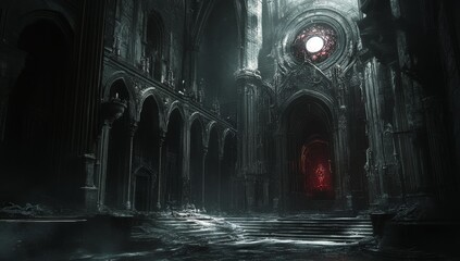 Wall Mural - Dark, gothic cathedral with a glowing door.