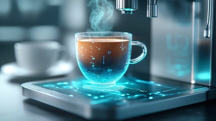 A futuristic coffee machine displaying a digital interface, with a holographic cup of steaming coffee, glowing with blue light, creating a high-tech and innovative atmosphere