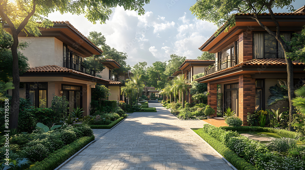 Serene residential area with modern houses and lush greenery, perfect ...