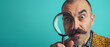 © Lubo Ivanko - Funny looking man with moustache looking through magnifying glass loupe, closeup studio portrait, copy space on side. Generative AI