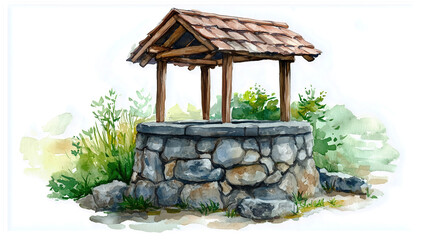 Wall Mural - watercolor painting of one single stone water well isolated on white background