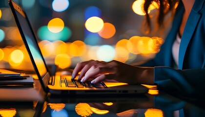 Poster - Late Night Online Work: Close-Up of Hands Typing on Laptop Amidst Warm Light and Bokeh, Capturing Reflective Mood in a Cozy Office Atmosphere