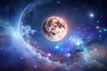 Poster - Full moon in starry sky with cosmic clouds and nebula