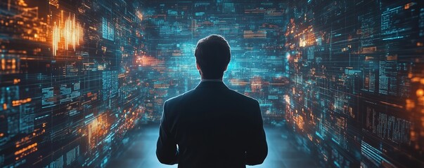 A businessman gazing at a futuristic digital interface, immersed in technology and innovation, representing data exploration.