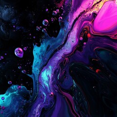 Poster - Vibrant abstract art with swirling colors creates a mesmerizing effect. Bright shades of purple, blue, and pink dance across a dark background. A modern style for digital displays. AI