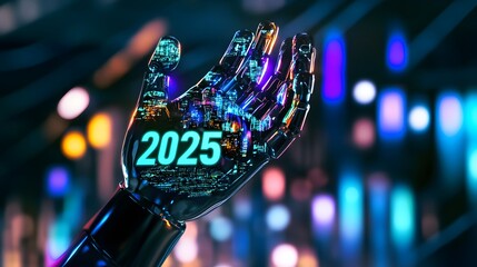 Poster - A robotic hand with a city skyline inside it displays the year 2025.