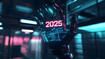 Sticker - A robotic hand displays the year 2025 in a futuristic setting.