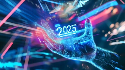 Sticker - A digital hand holding the year 2025, surrounded by neon lights.