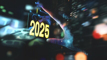 Canvas Print - A hand reaches out to touch a digital display showing the year 2025.