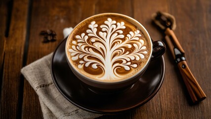 intricate latte art tree design on a creamy cappuccino, ad concept or background