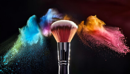  Some brushes make up with colorful powder concept on a black background, studio. 