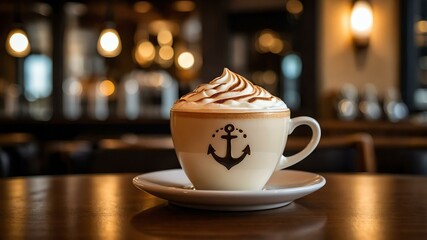 intricate latte art anchor design on a creamy cappuccino, ad concept or background