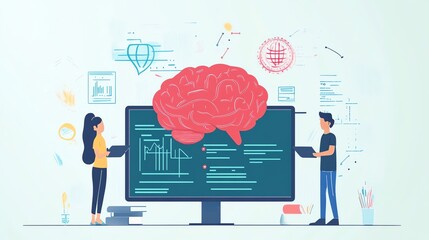 Poster - Two people stand near a computer monitor with a brain above it, the monitor displays a graph and code.