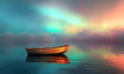 tiny wooden boat floats alone in serene sea, surrounded by stunning display of colorful auroras in night sky. tranquil scene evokes sense of peace and wonder