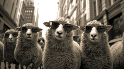 A group of sheep wearing sunglasses and walking in the city.