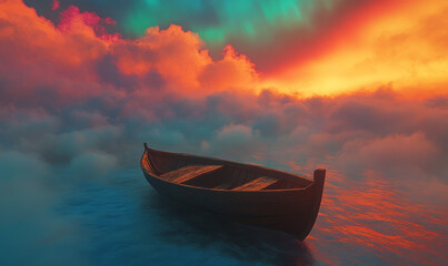 Wall Mural - tiny wooden boat floats alone in serene sea of colorful clouds, illuminated by stunning sunset. vibr