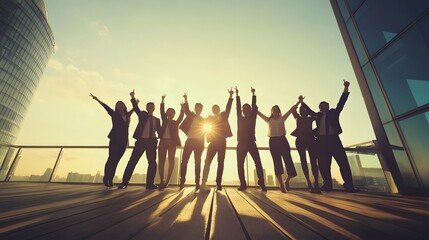 silhouettes of a diverse group of businesspeople celebrating success with arms raised on a rooftop.