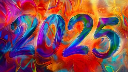 Poster - 2025 in a swirling rainbow of colors.