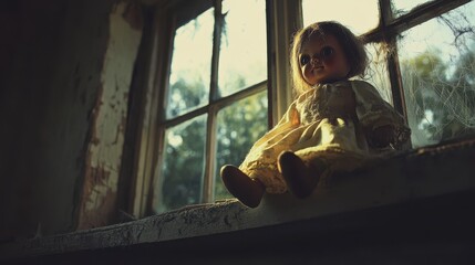 Poster - A creepy doll sitting on a dusty shelf in an abandoned house, with broken windows, cobwebs, and eerie shadows filling the room