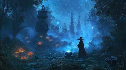 Wall Mural - A dark, enchanted forest with glowing mushrooms, misty fog, and a witch casting spells near a bubbling cauldron under a starry night sky