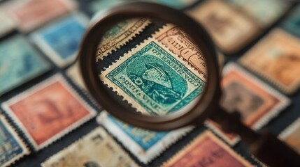 magnifying glass zooming in on the details of a rare postage stamp, emphasizing philately and collec