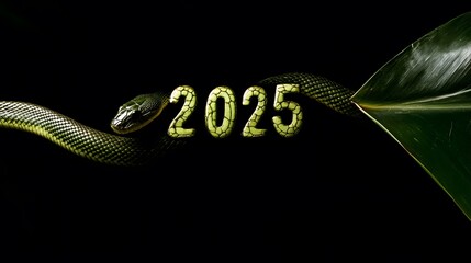 Wall Mural - A green snake forms the number 2025 against a dark background.