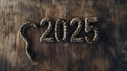 Wall Mural - A snake forms the numbers 2025 on a wooden background.