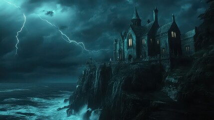 Wall Mural - A haunted castle on a cliff, overlooking a dark ocean, with lightning striking in the background and ghostly figures standing in the windows