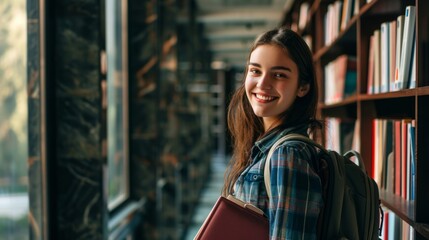 Young female student in library, looking for books, preparing for final exam. Neural network ai generated art