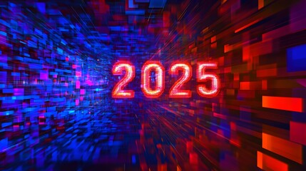 Poster - 2025 in red neon lights against a background of blue and red digital blocks.