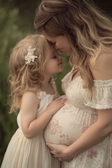 A little girl kisses her pregnant mother's belly. 