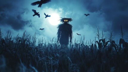 Wall Mural - A scarecrow with glowing eyes standing in the middle of a cornfield, with crows flying overhead and a full moon casting an eerie light on the scene