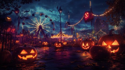 Wall Mural - A spooky Halloween carnival with twisted rides, glowing jack-o-lanterns, and creepy clowns lurking in the shadows, all bathed in eerie, colored lighting