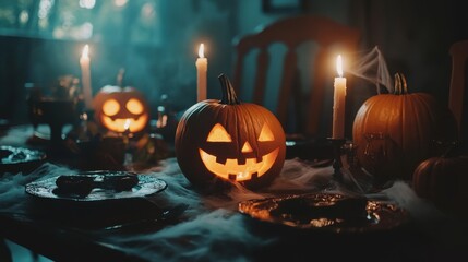 Wall Mural - A spooky Halloween table setting with carved pumpkins, flickering candles, and cobwebs draped over plates, with an ominous shadow creeping along the wall