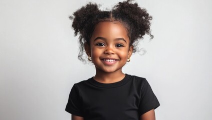 Wall Mural - close-up photo of cute black girl child in black t-shirt mockup smiling against light studio background