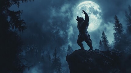 Wall Mural - A werewolf in mid-transformation under a full moon, standing on a cliff with the dark forest behind, howling towards the sky