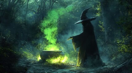 Wall Mural - A wicked witch brewing a bubbling potion in a dark, enchanted forest, with glowing green smoke rising from the cauldron and magical sparks flying in the air